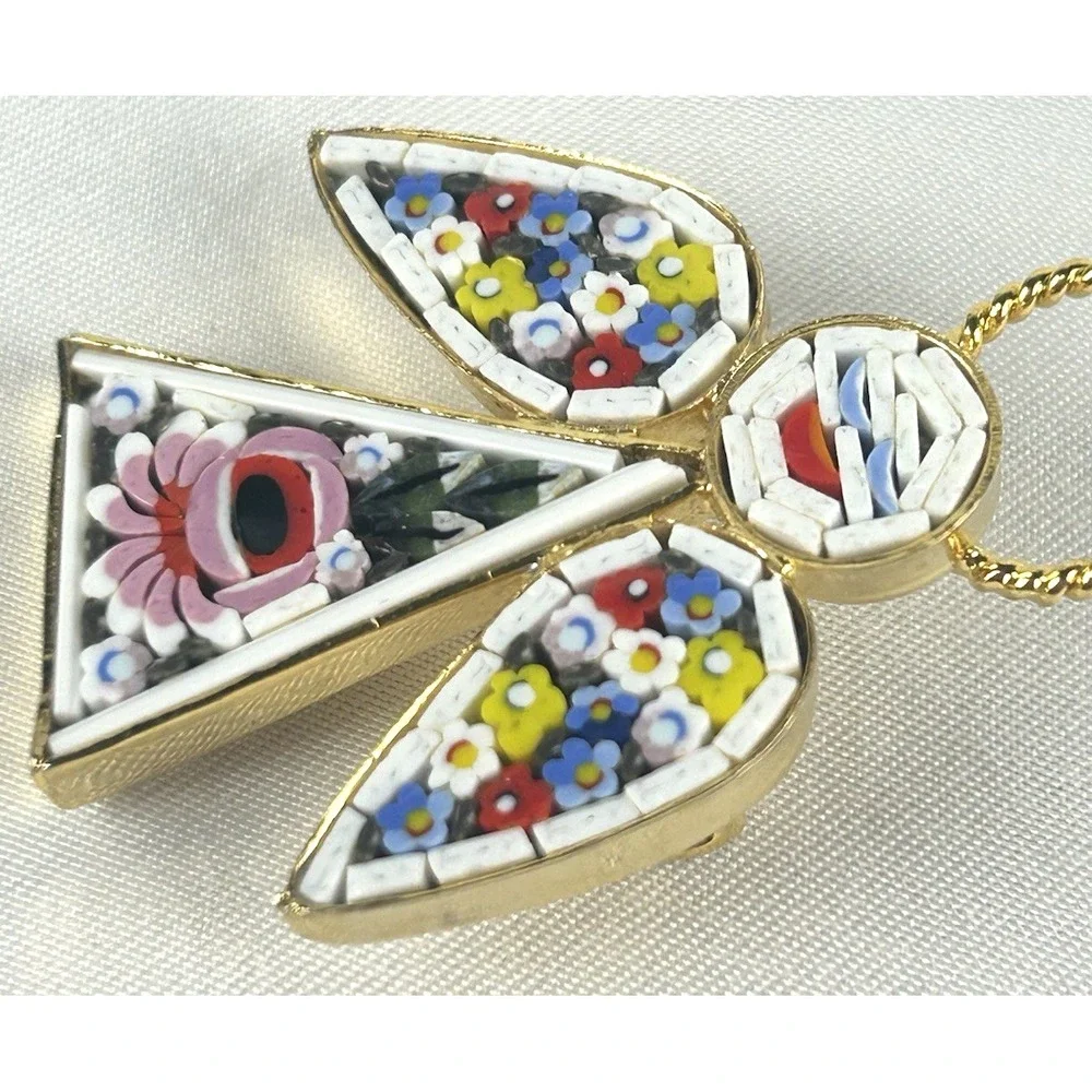 Vintage Micro Mosaic Angel Pin With Halo Floral Pattern Gold Tone Made In Italy